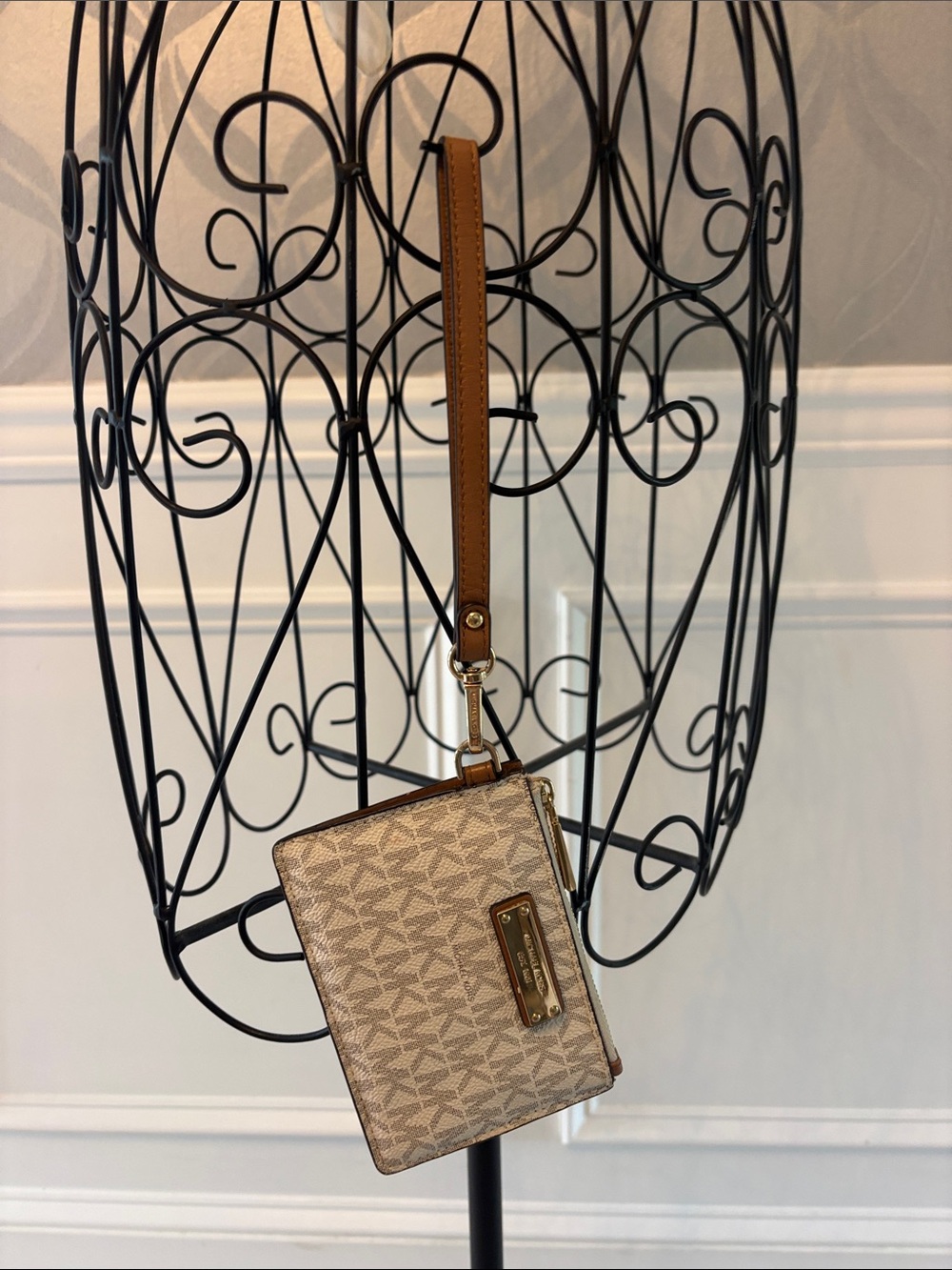 Michael Kors Beige Logo Wristlet with Brown Strap